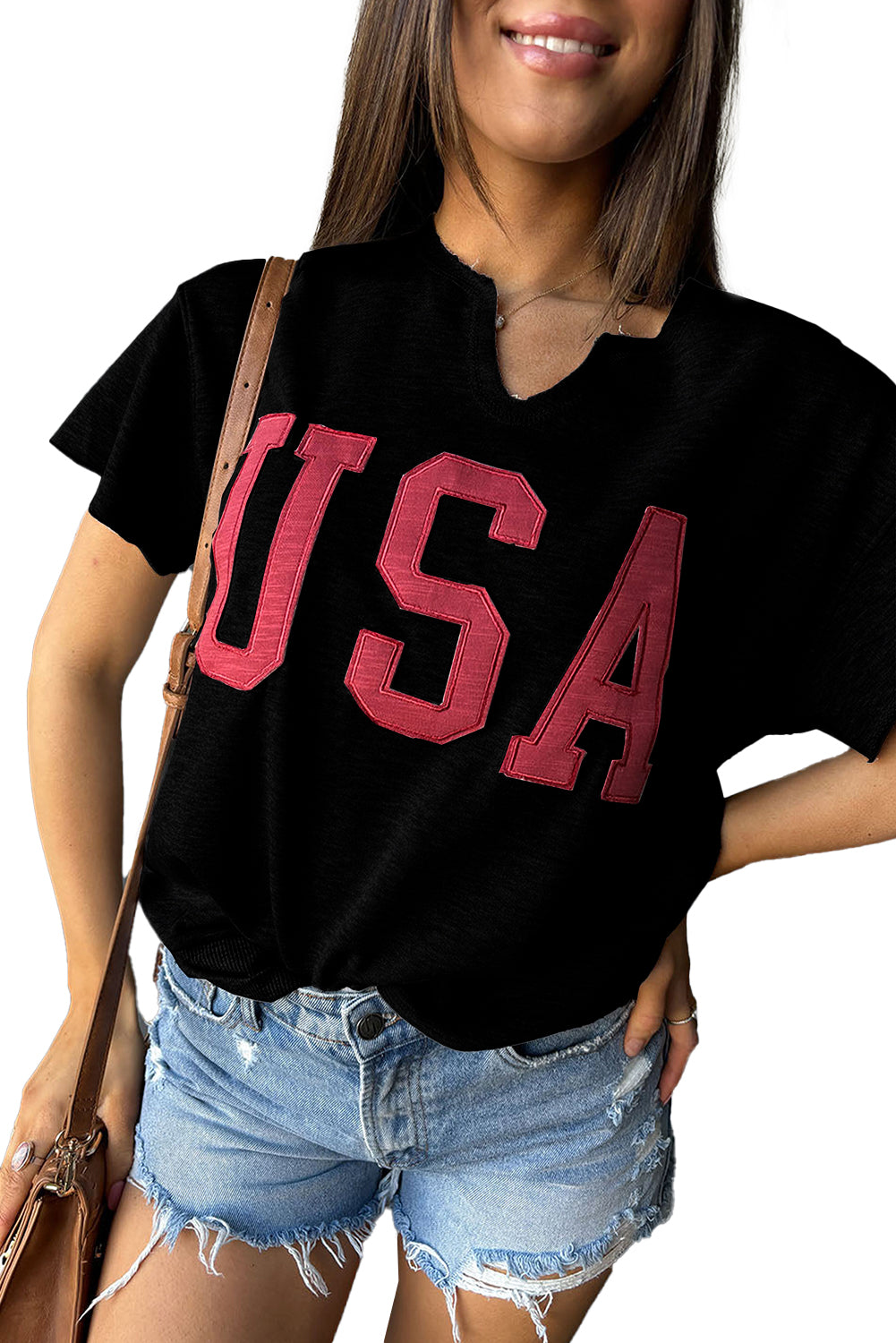 Light Grey USA Letter Patch Notched Neck Loose Tee