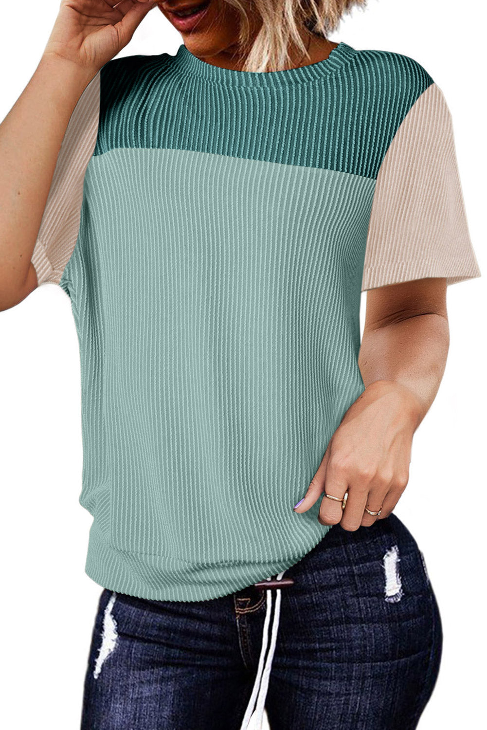 Ribbed Textured Colorblock T Shirt