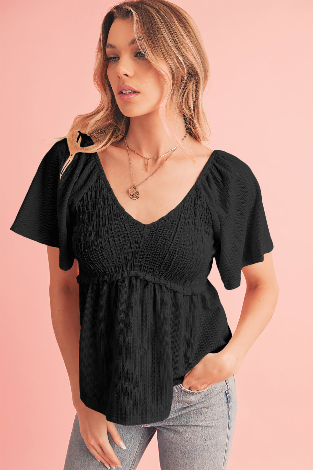 Shirred V Neck Short Flutter Sleeve Textured Blouse