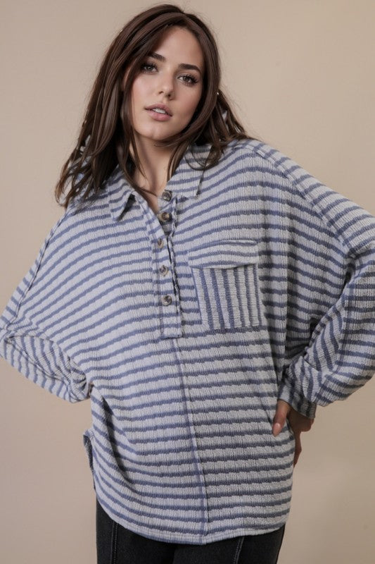 Denim Textured Striped Oversized Top