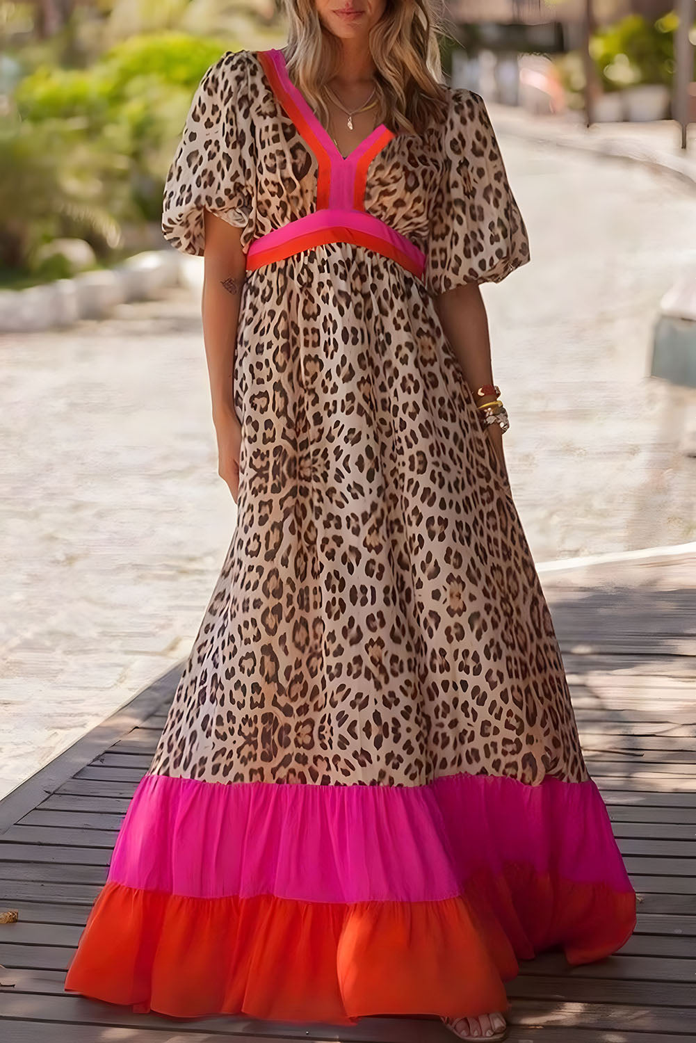 Bright Pink V-neck Leopard Print Colorblock Maxi Dress