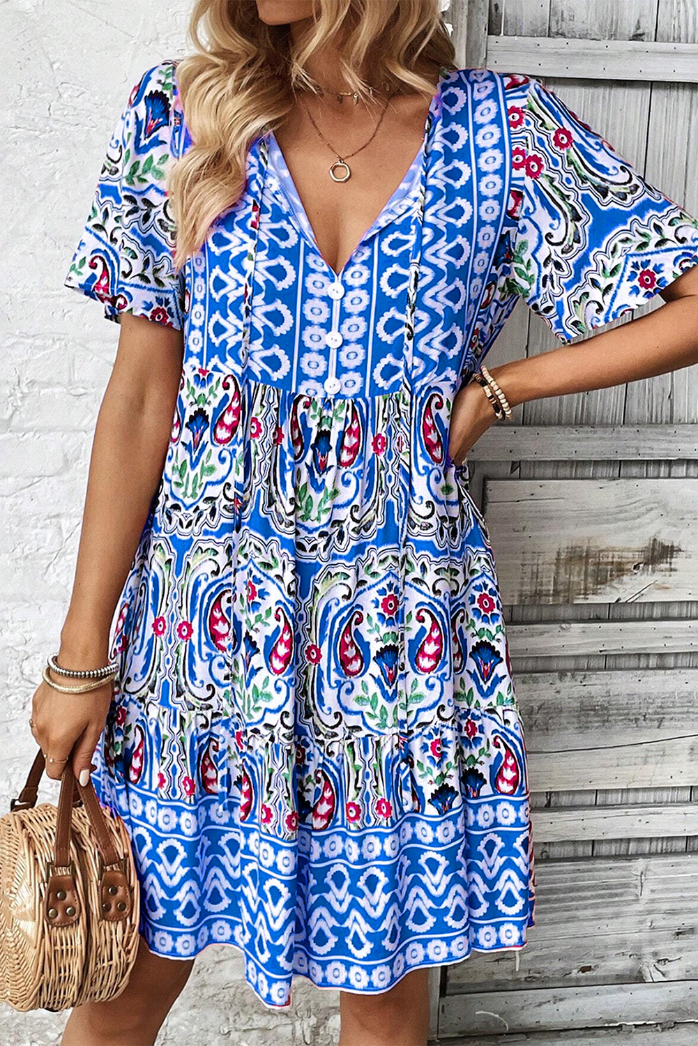 Bohemian Tie Neck Flounce Sleeve Ruffle Hem Mini Dress