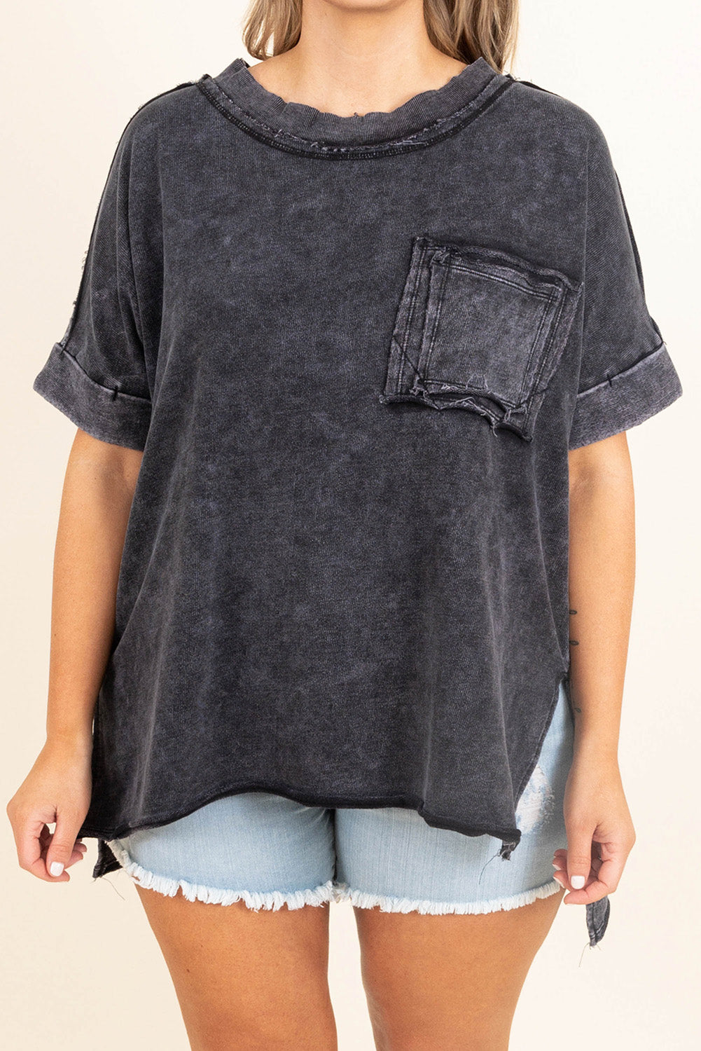 Gray Mineral Wash Distressed Slit Patch Pocket Oversize Tee