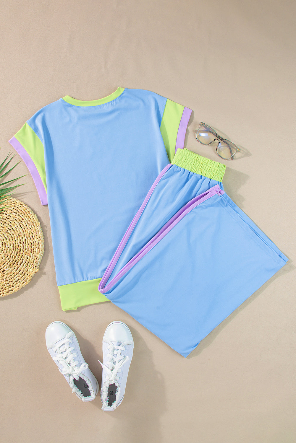 Sky Blue Colorblock Cap Sleeve Tee & Wide Leg Pants Set