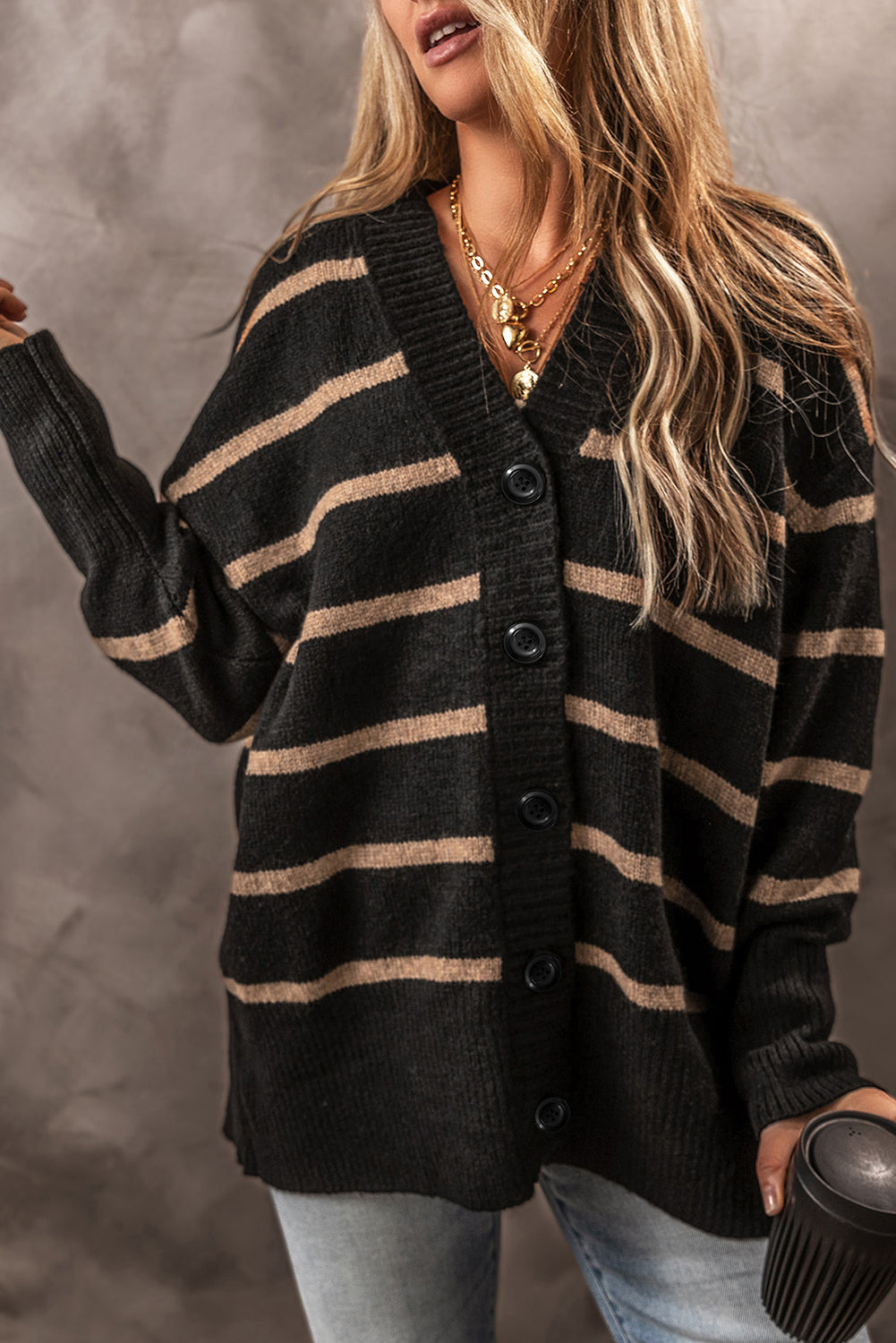 Striped Buttoned V Neck Drop Shoulder Loose Cardigan