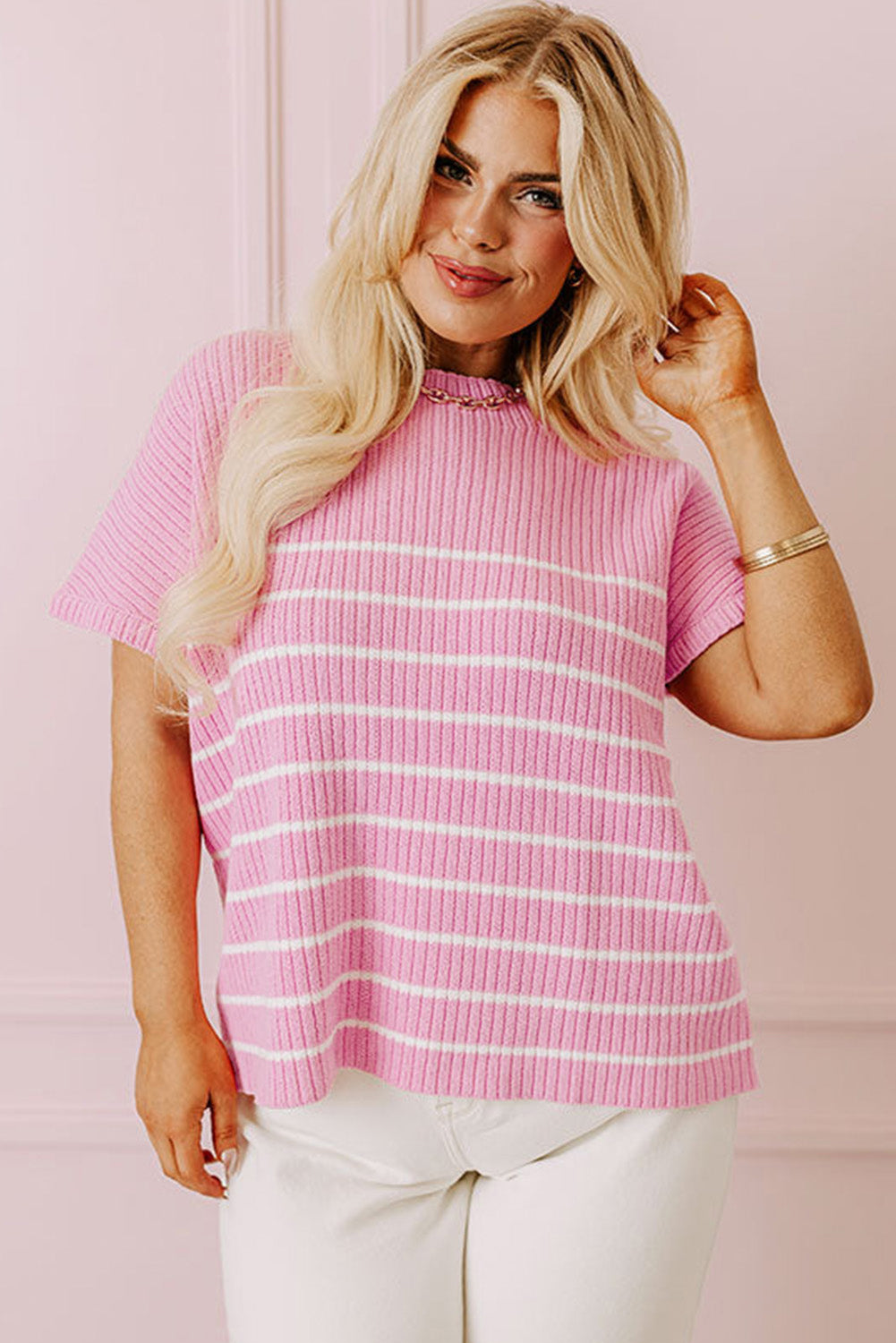 Pink Plus Size Ribbed Stripe Round Neck T Shirt