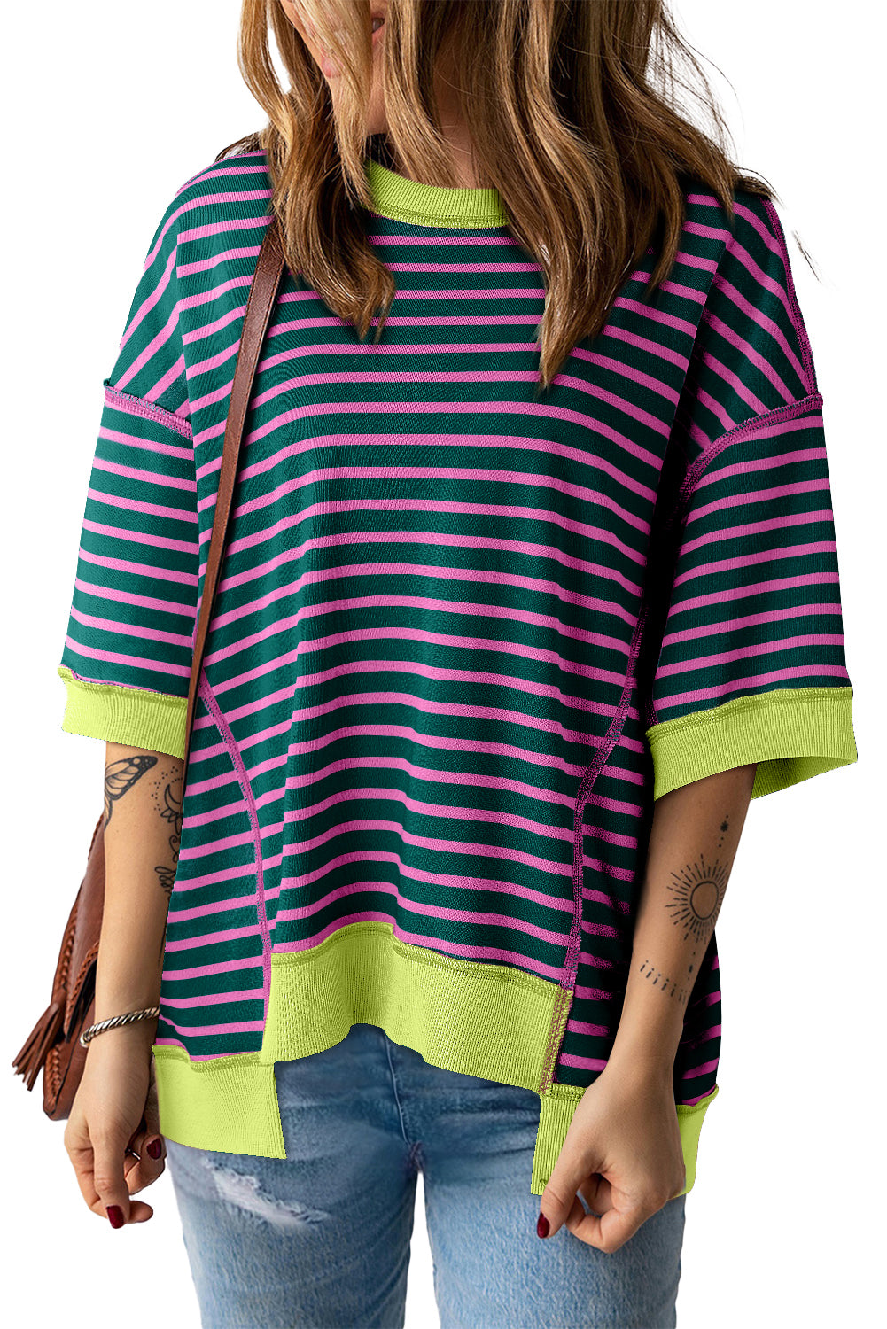 Stripe Colorblock Drop Sleeve Oversized T Shirt