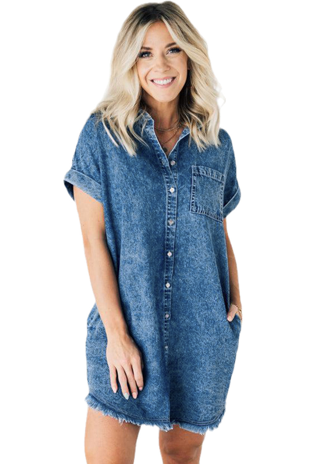 Blue Mineral Wash Cuffed Sleeve Frayed Hem Denim Dress