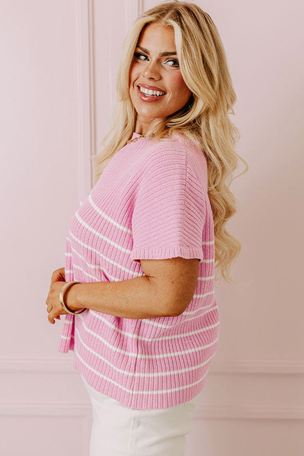 Pink Plus Size Ribbed Stripe Round Neck T Shirt