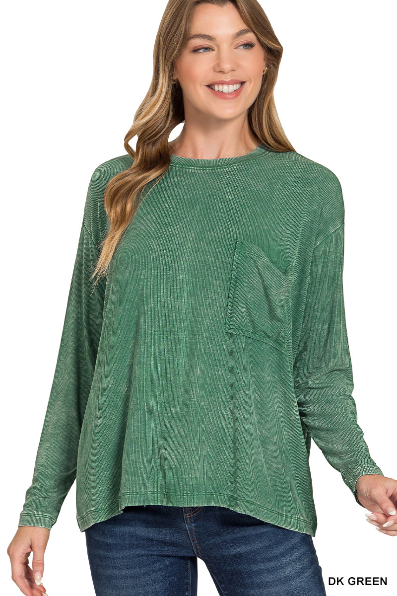 ZENANA WASHED RIBBED DOLMAN SLEEVE ROUND NECK TOP