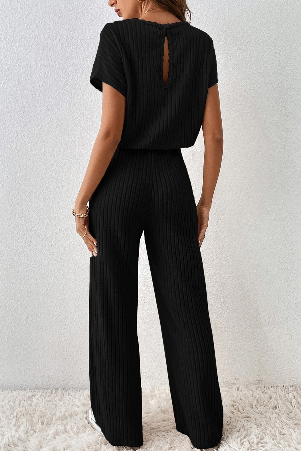 Solid Color Ribbed Short Sleeve Wide Leg Jumpsuit