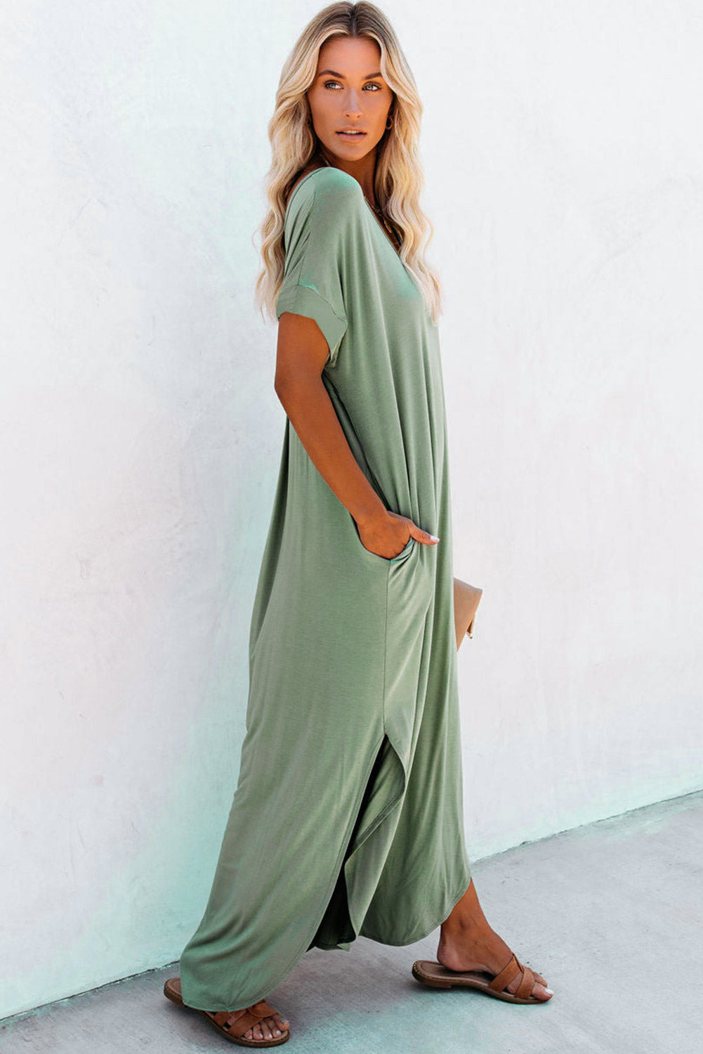 Solid Color Hidden Pocket V Neck Slit Maxi Dress