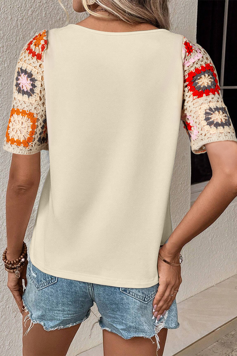 Floral Hollowed Crochet Sleeve Boho T Shirt