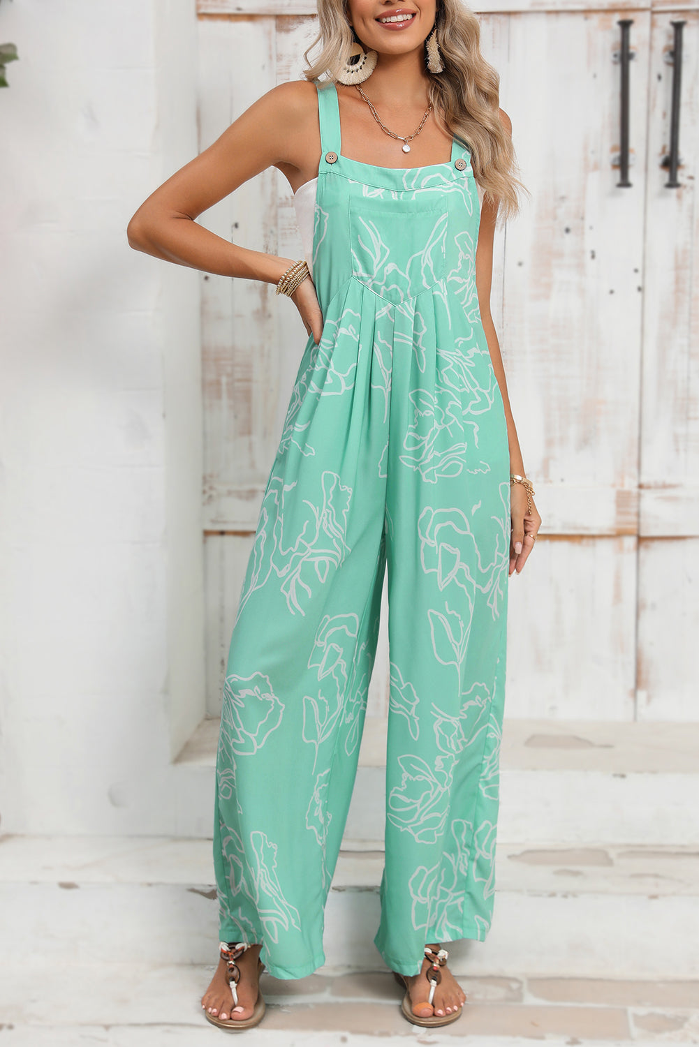 Moonlight Jade Abstract Print Wide Leg Overall