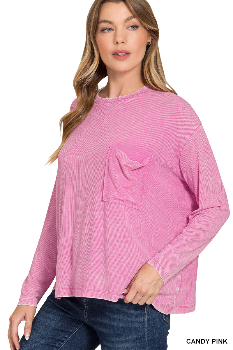 ZENANA WASHED RIBBED DOLMAN SLEEVE ROUND NECK TOP