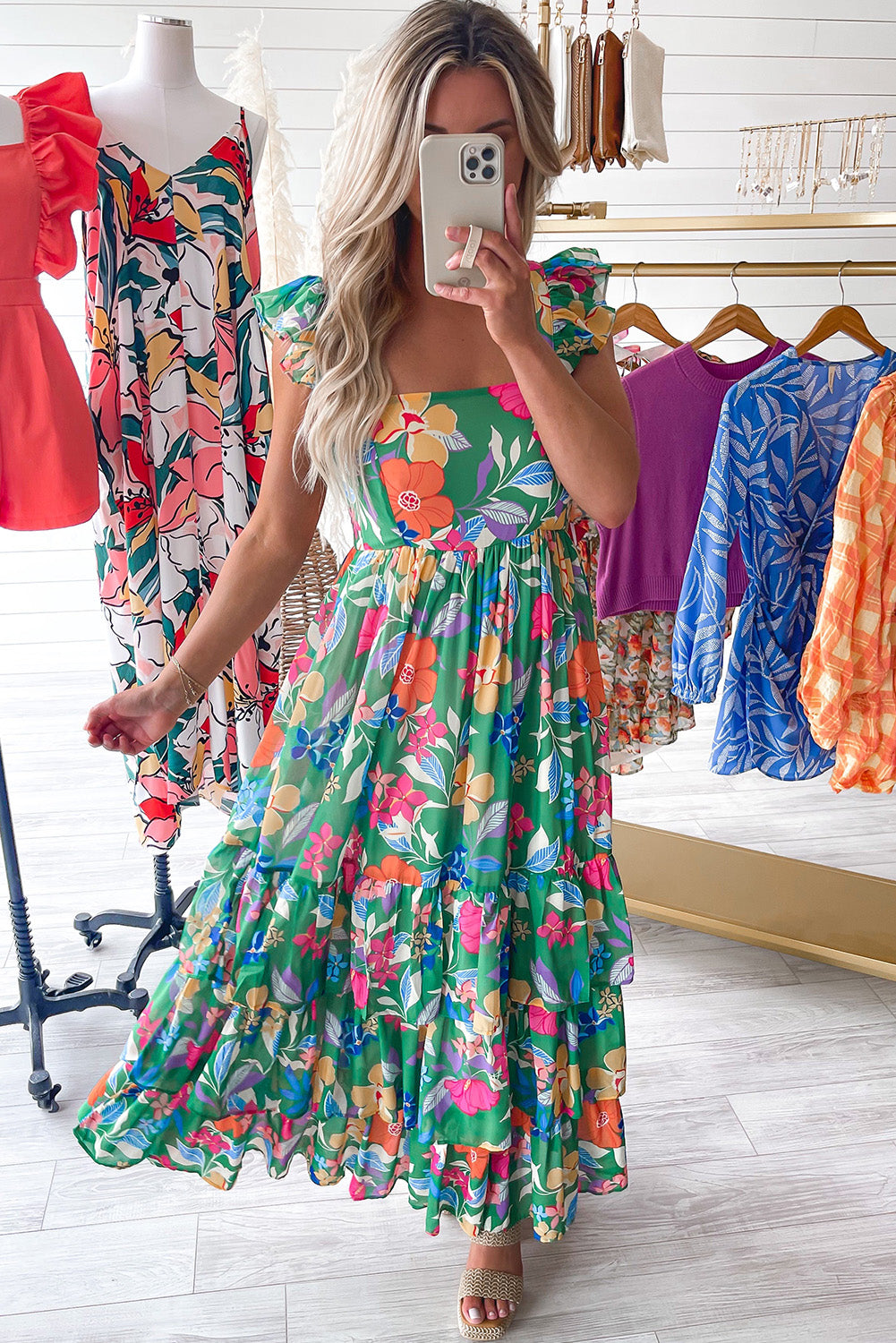 Boho Floral Print Ruffle Sleeveless Tiered Maxi Dress