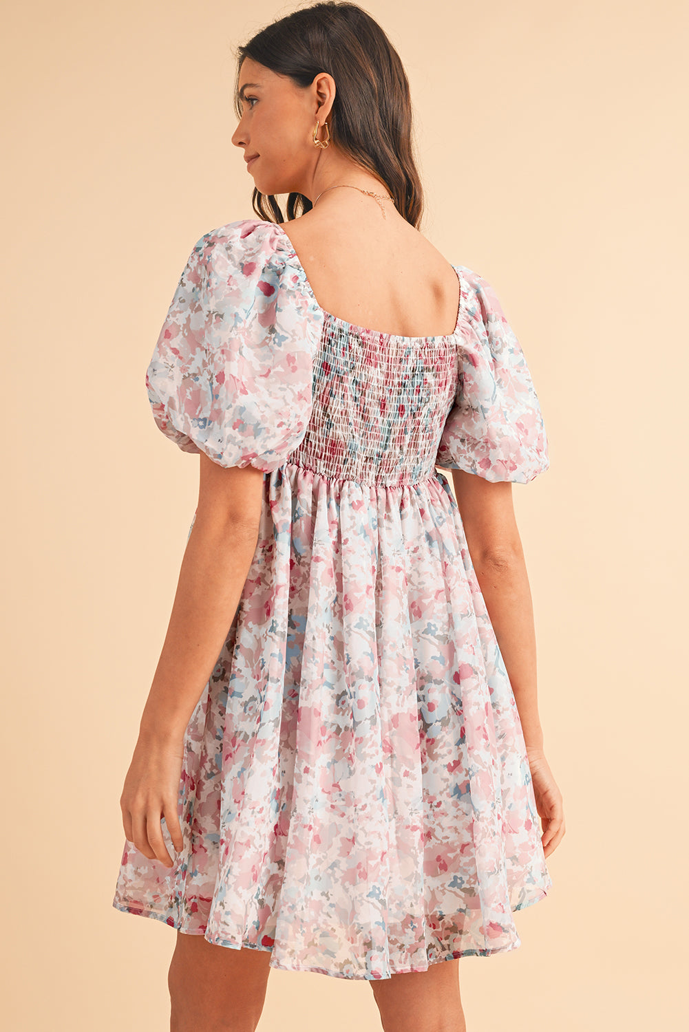 Floral Lantern Sleeve Square Neck Ruffled Mini Dress