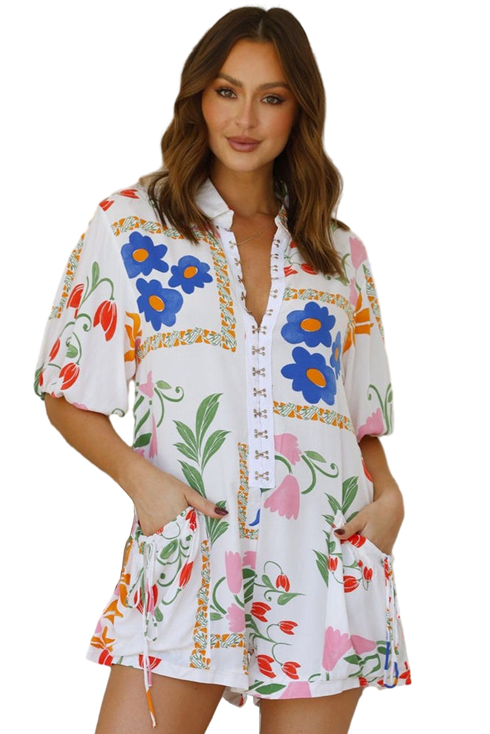 White Floral Print Split Neck Pocketed Shirt Collar Romper