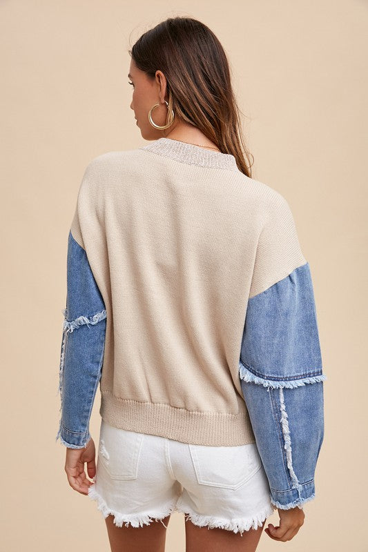 OATMEAL DENIM SLEEVE DISTRESSED
SWEATER TOP