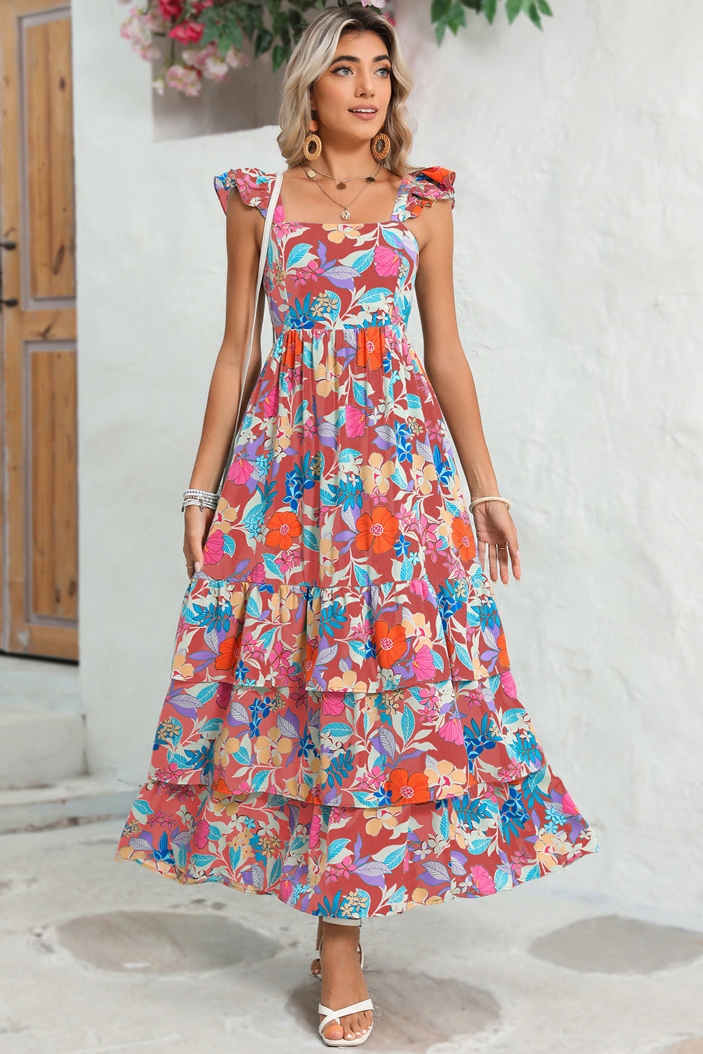 Boho Floral Print Ruffle Sleeveless Tiered Maxi Dress