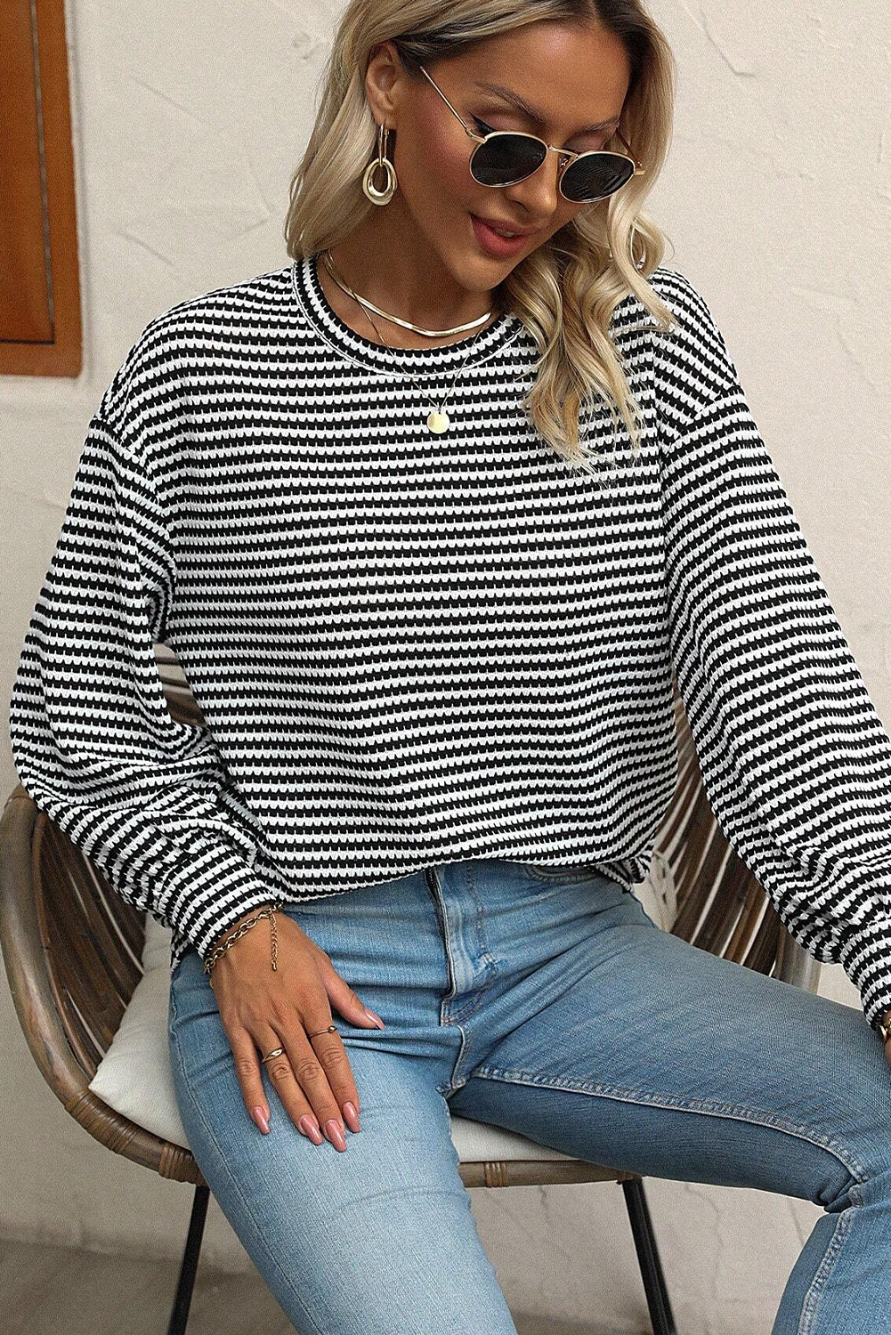 Khaki Stripe Round Neck Drop Shoulder Long Sleeve Top