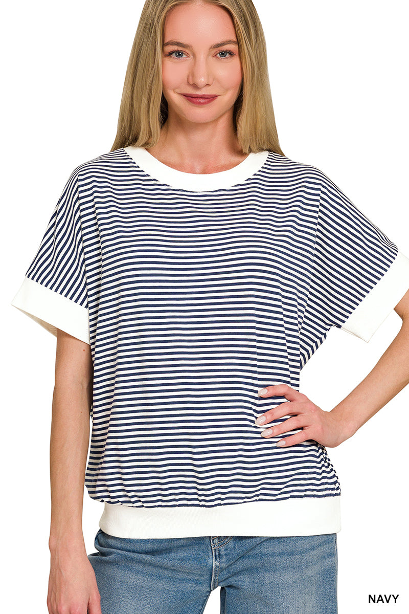 ZENANA STRIP TRIM RIB BANDED TOP