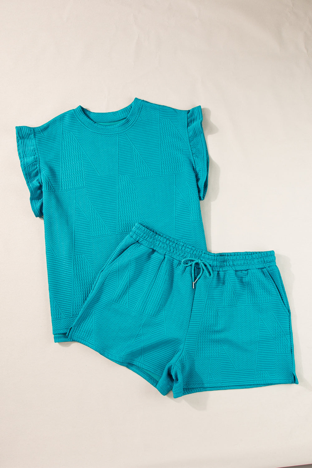 Textured Ruffle Split Top and Drawstring Shorts Set