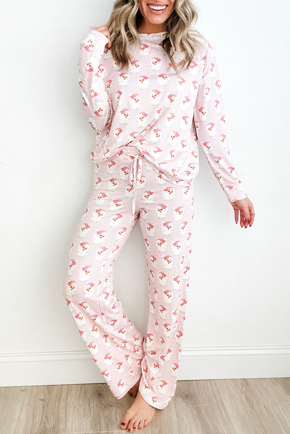 Santa Claus Striped Print Loose Fit Two Piece Loungewear Set