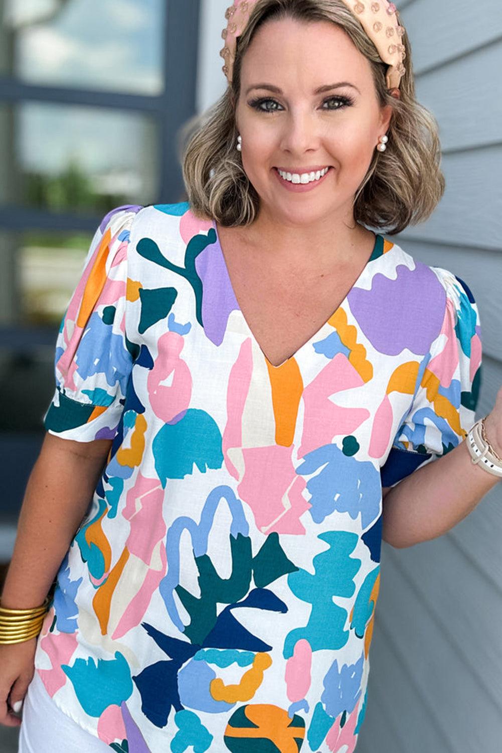 Sky Blue Plus Abstract Print Puff Short Sleeve V Neck Top