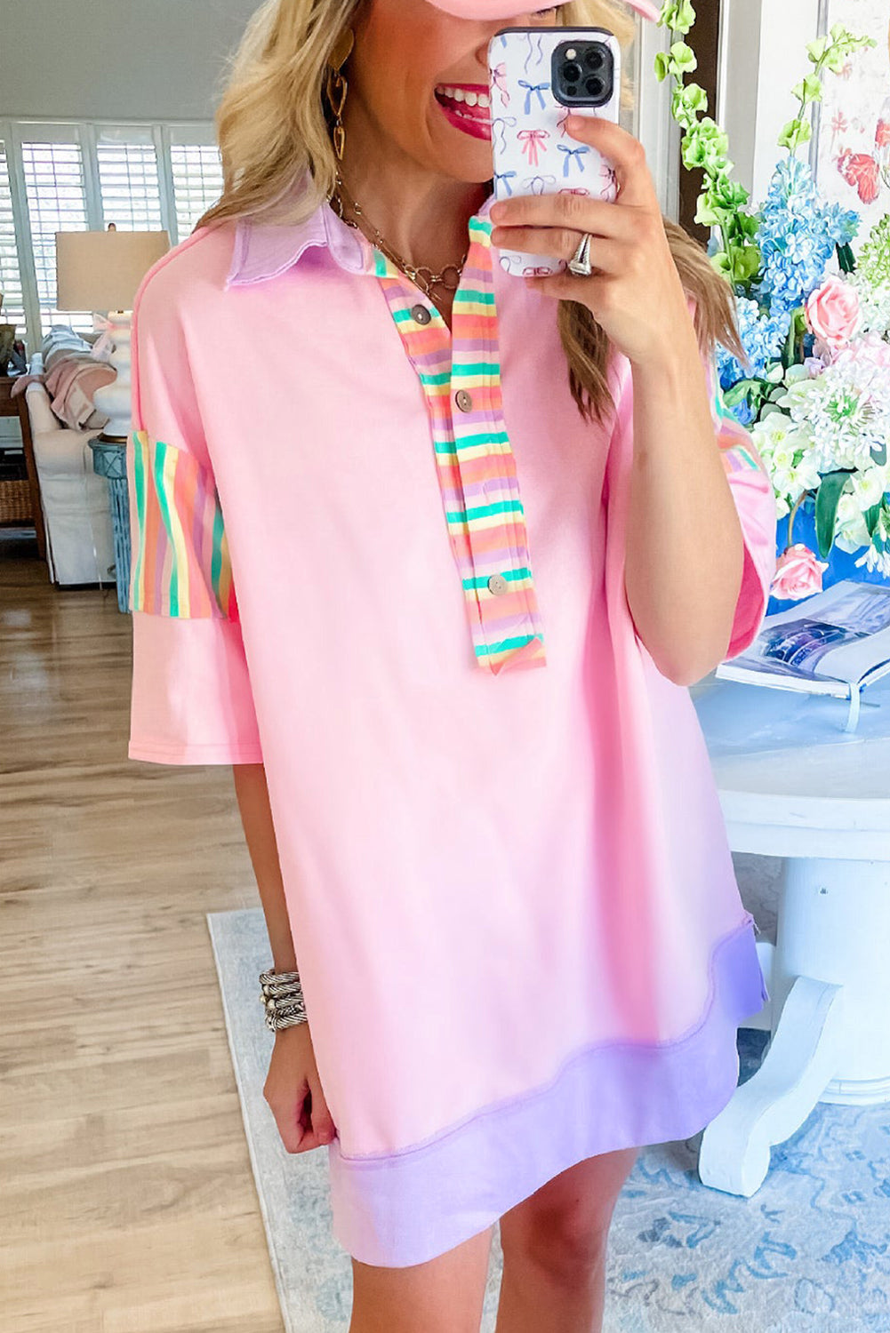 Rainbow Stripe Henley Collar Patchwork Mini Dress