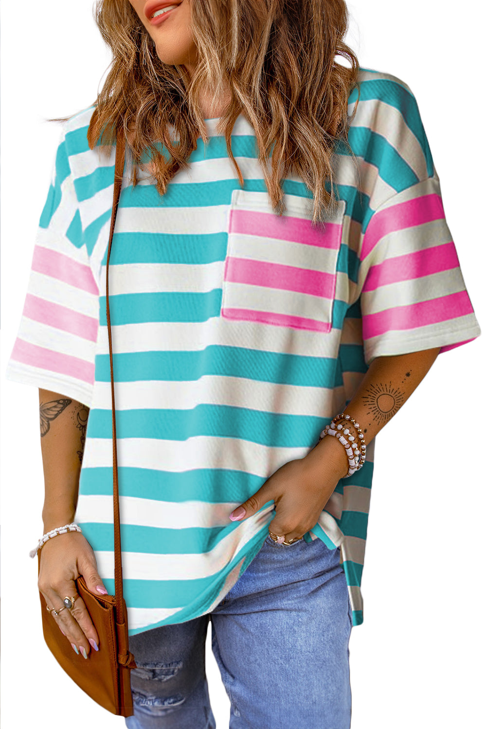 Pink Stripe Patch Pocket Drop Sleeve Slits T Shirt