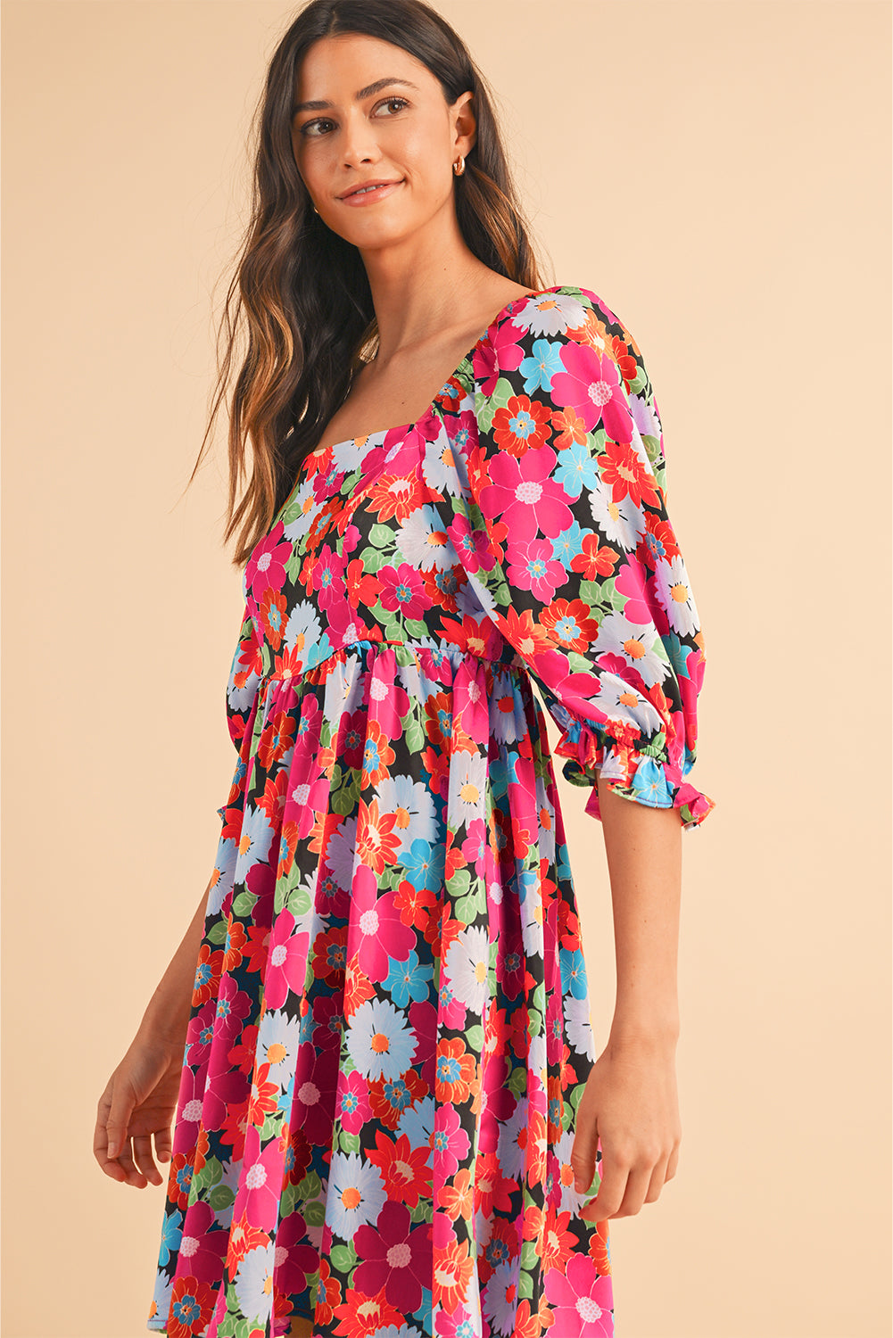 Rose Floral Print Square Neck Short Puff Sleeve Dress