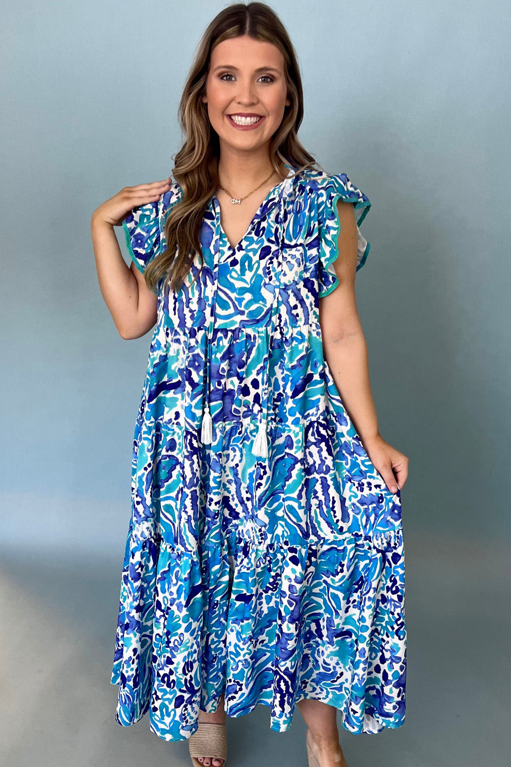 Sky Blue Abstract Print Split Neck Ruffle Tiered Dress