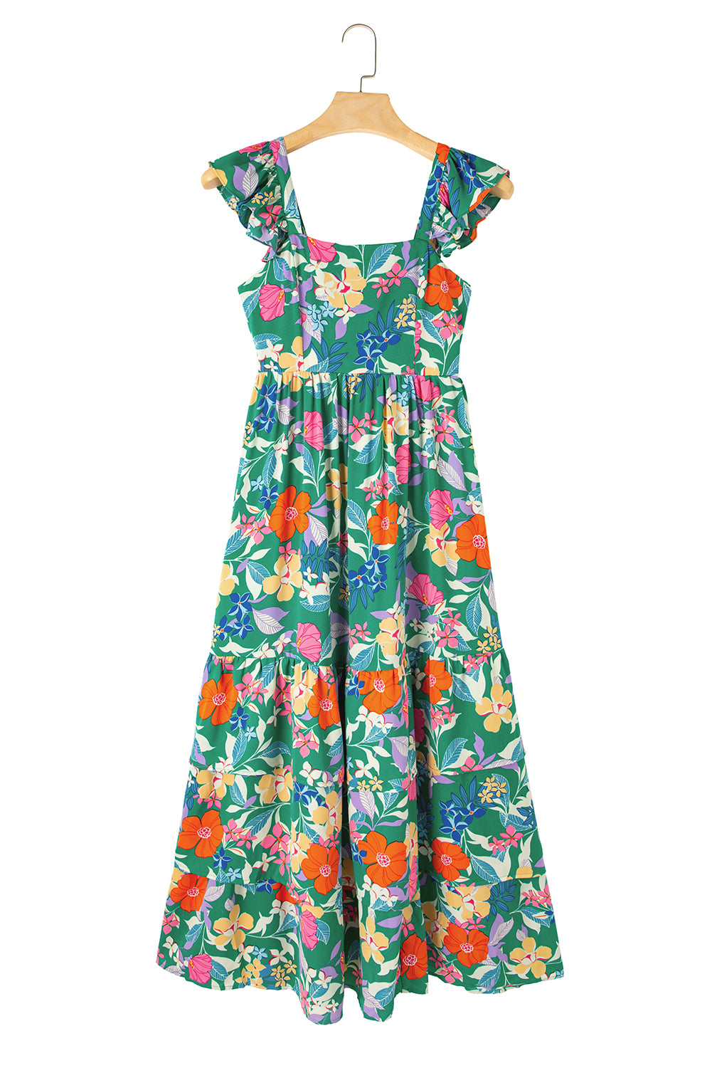 Boho Floral Print Ruffle Sleeveless Tiered Maxi Dress