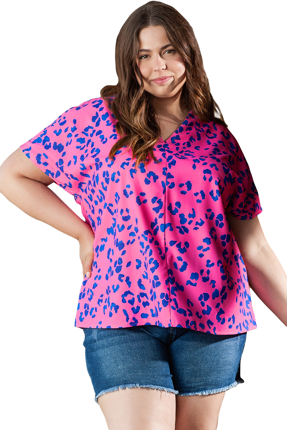 Rose Contrast Leopard Print Plus Size V Neck Blouse