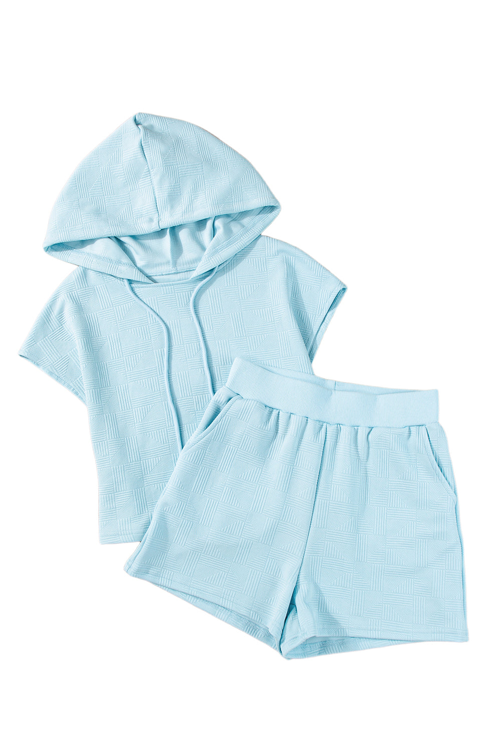 Beau Blue Textured Cropped Drawstring Hoodie and Shorts Set