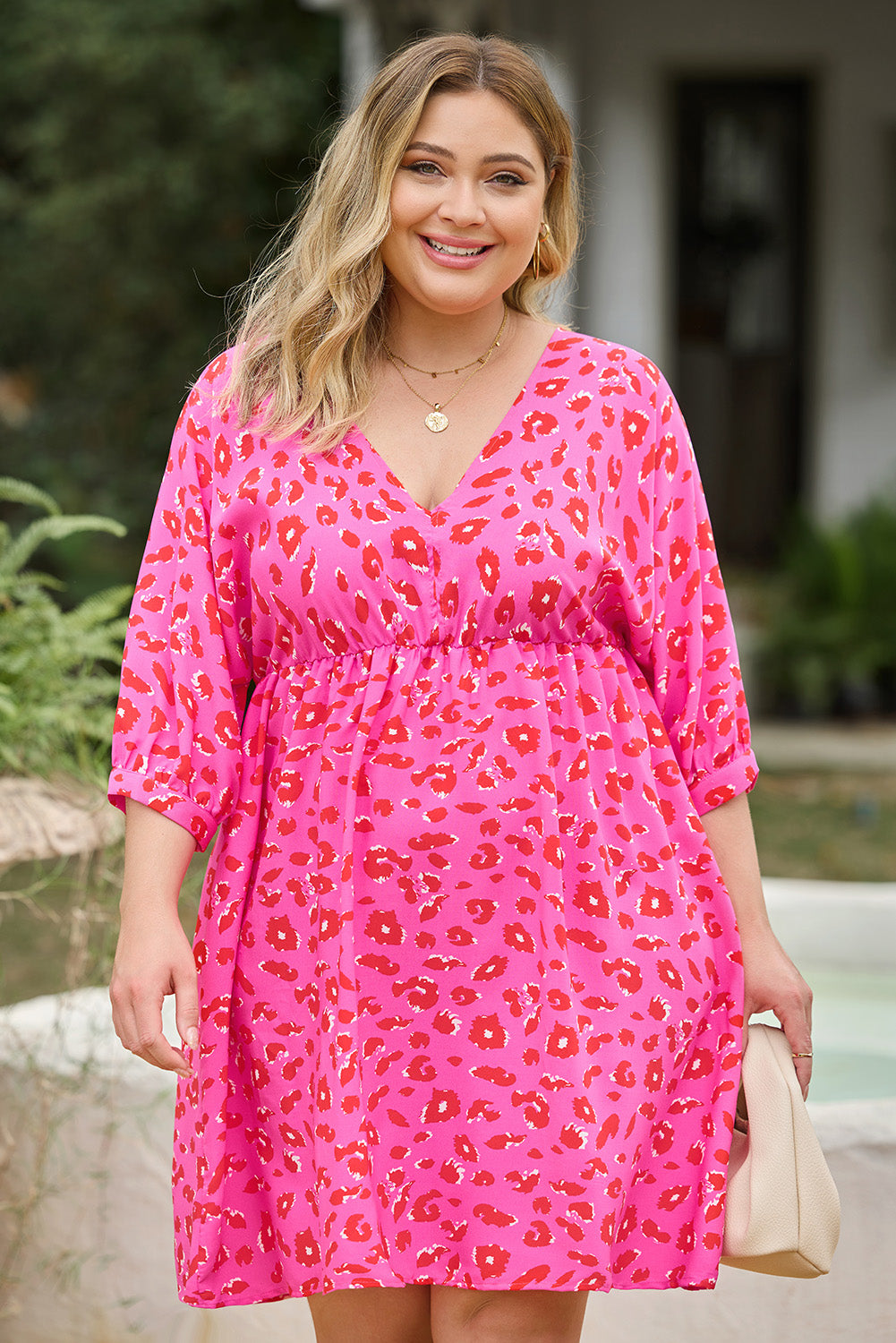 Rose Plus Size 3/4 Sleeves V Neck Leopard Dress