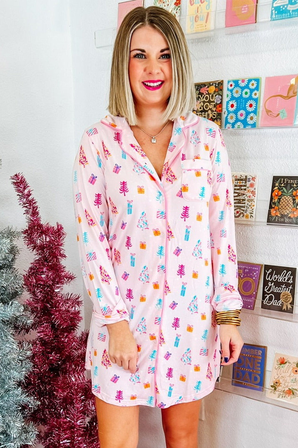 Christmas Twinkle Tree Print Casual Shirt Sleep Dress