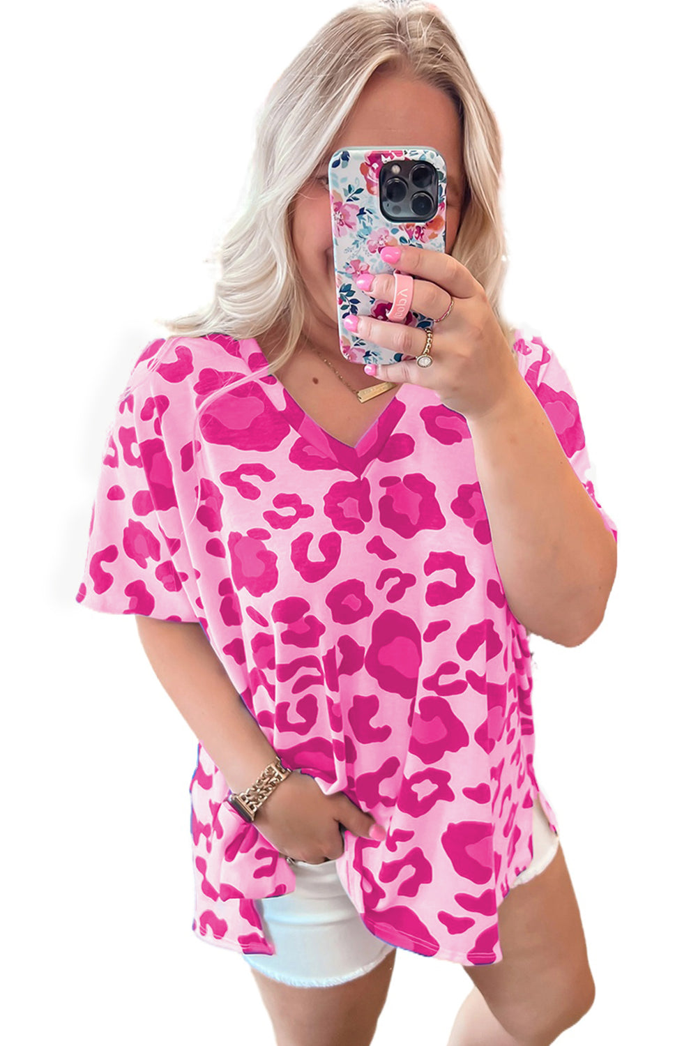 Leopard Print V Neck Plus Size Tee