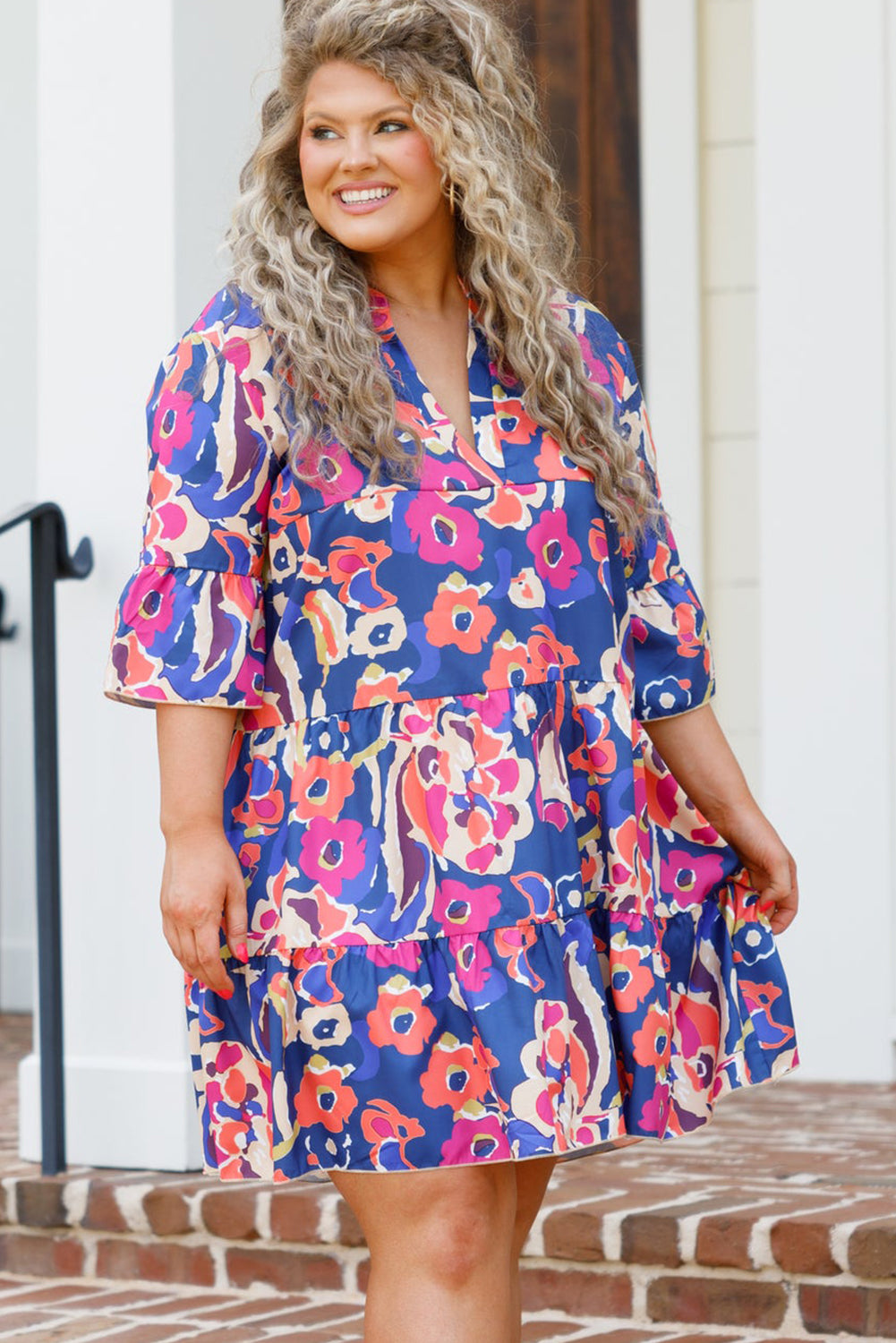 Curvy Blue Floral Print Bell Sleeve Mini Dress