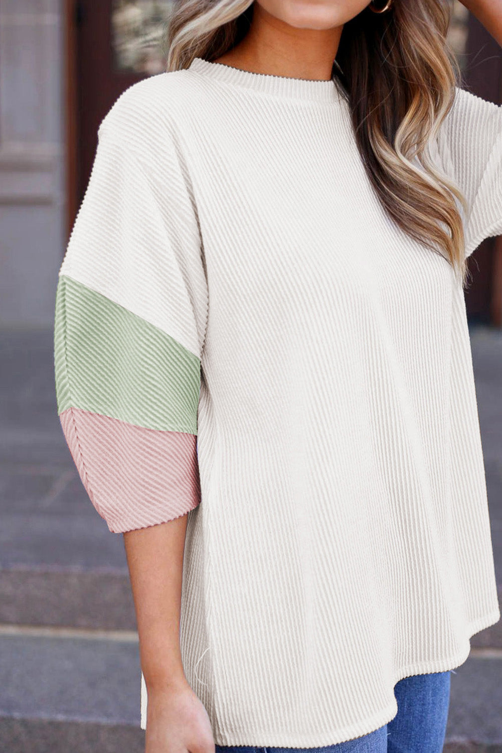 White Textured Colorblock Patchwork Half Sleeve Plus T Shirt