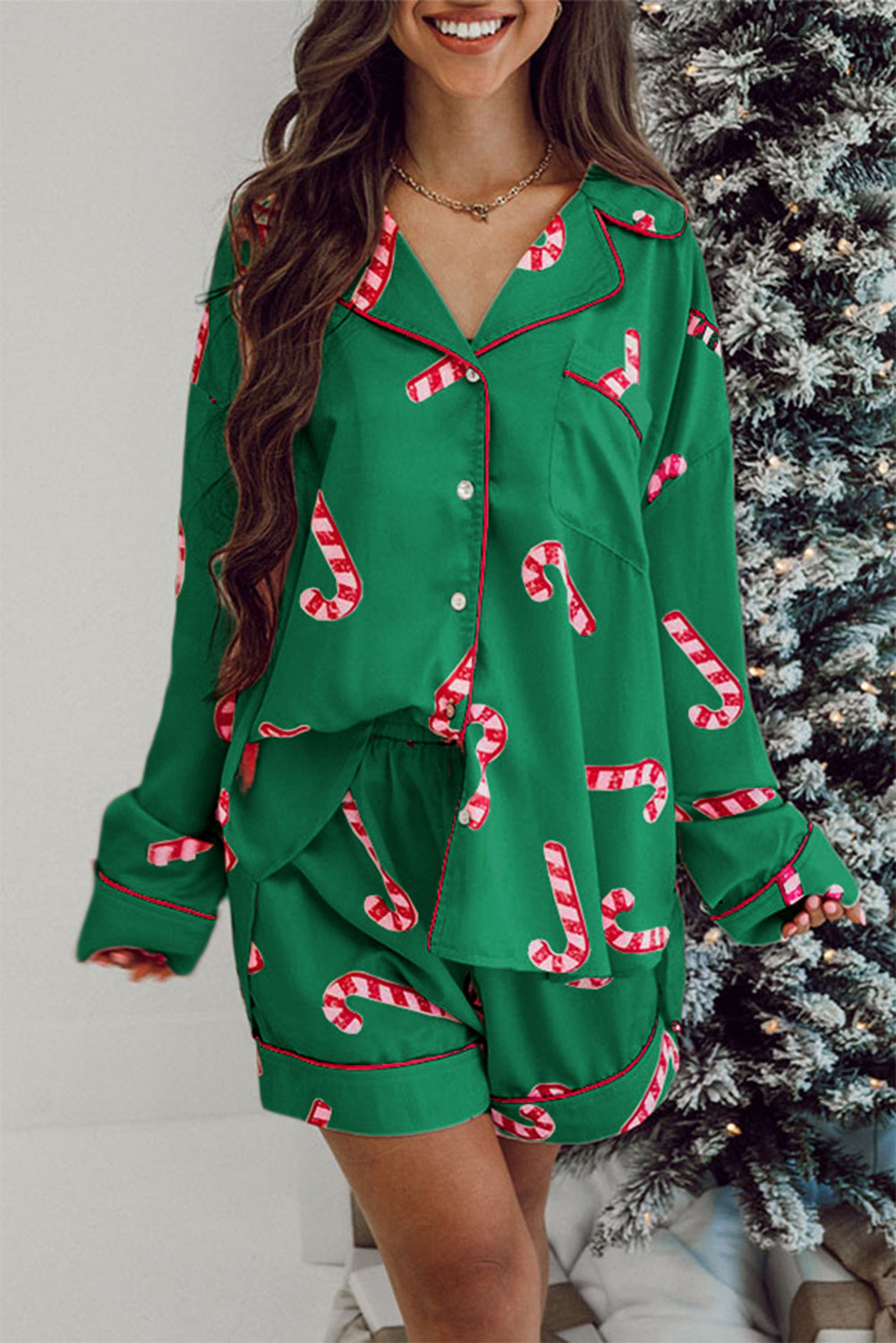 Candy Cane Print Christmas Pajama Set