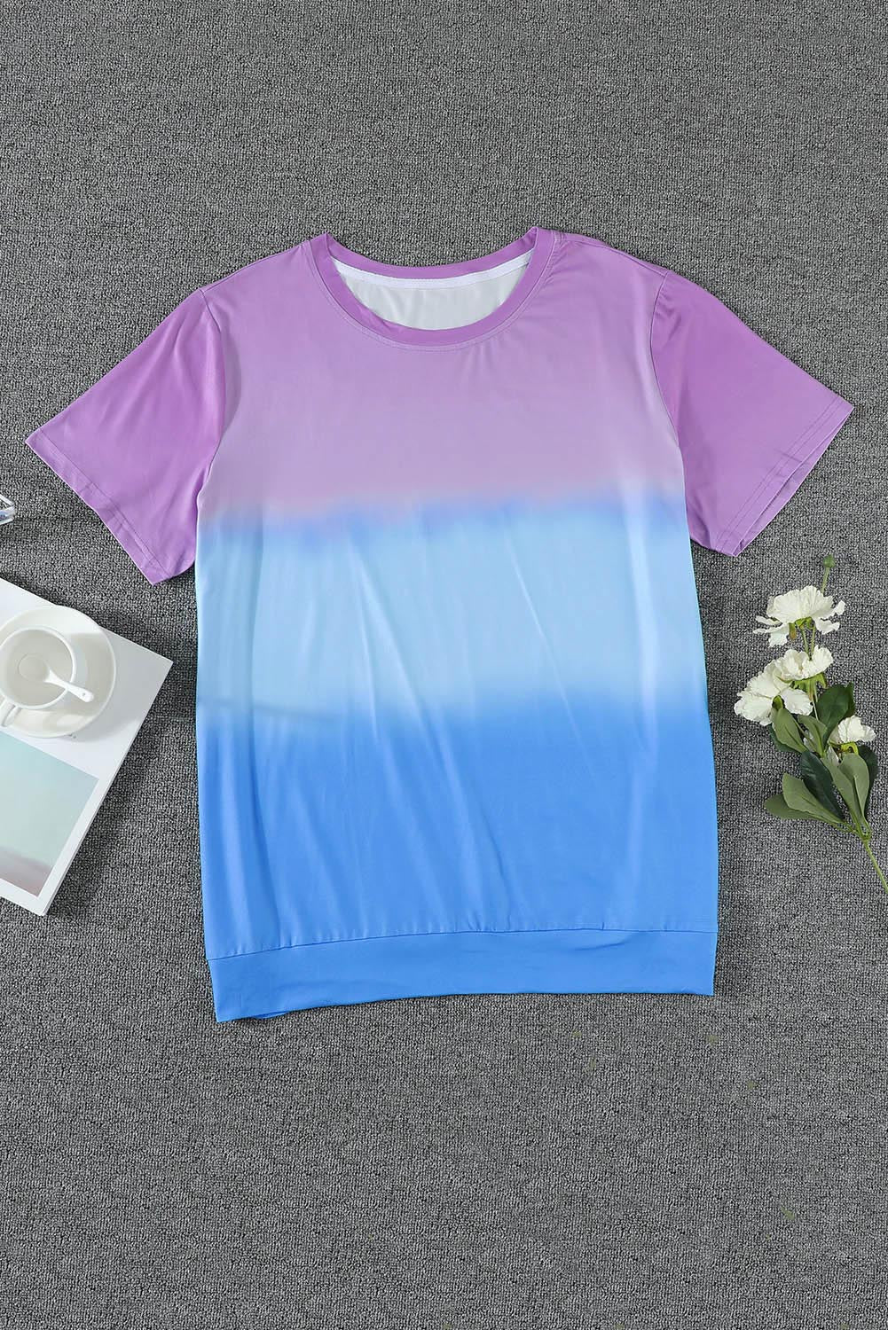 Purple Casual Crew Neck Tie-dye Colorblock Plus Size Tee