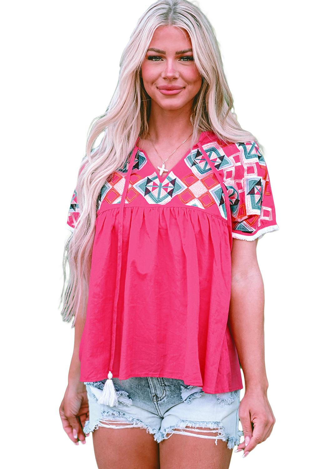 Geometric Embroidered Tassel Tie V Neck Blouse