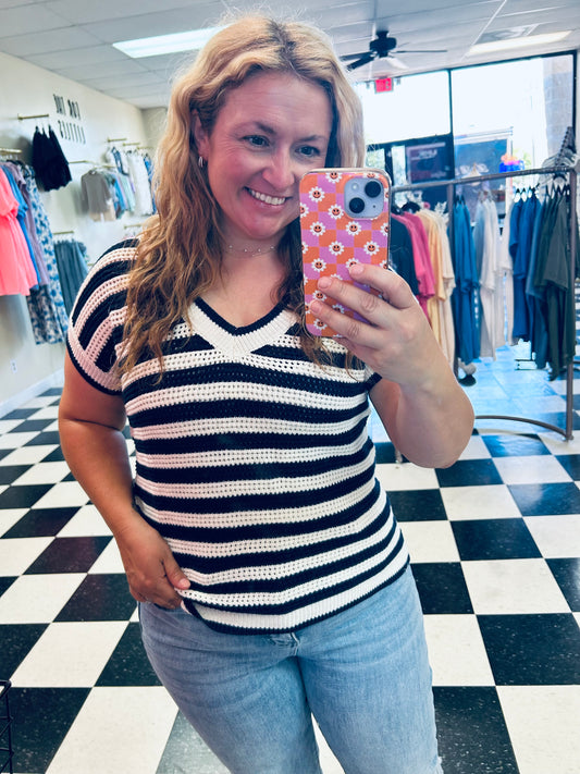 Blu Pepper Navy Striped Crochet Top