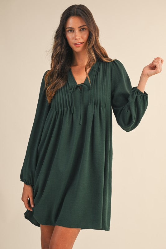 Hunter Green Pintuck Detail Front Tie Dress