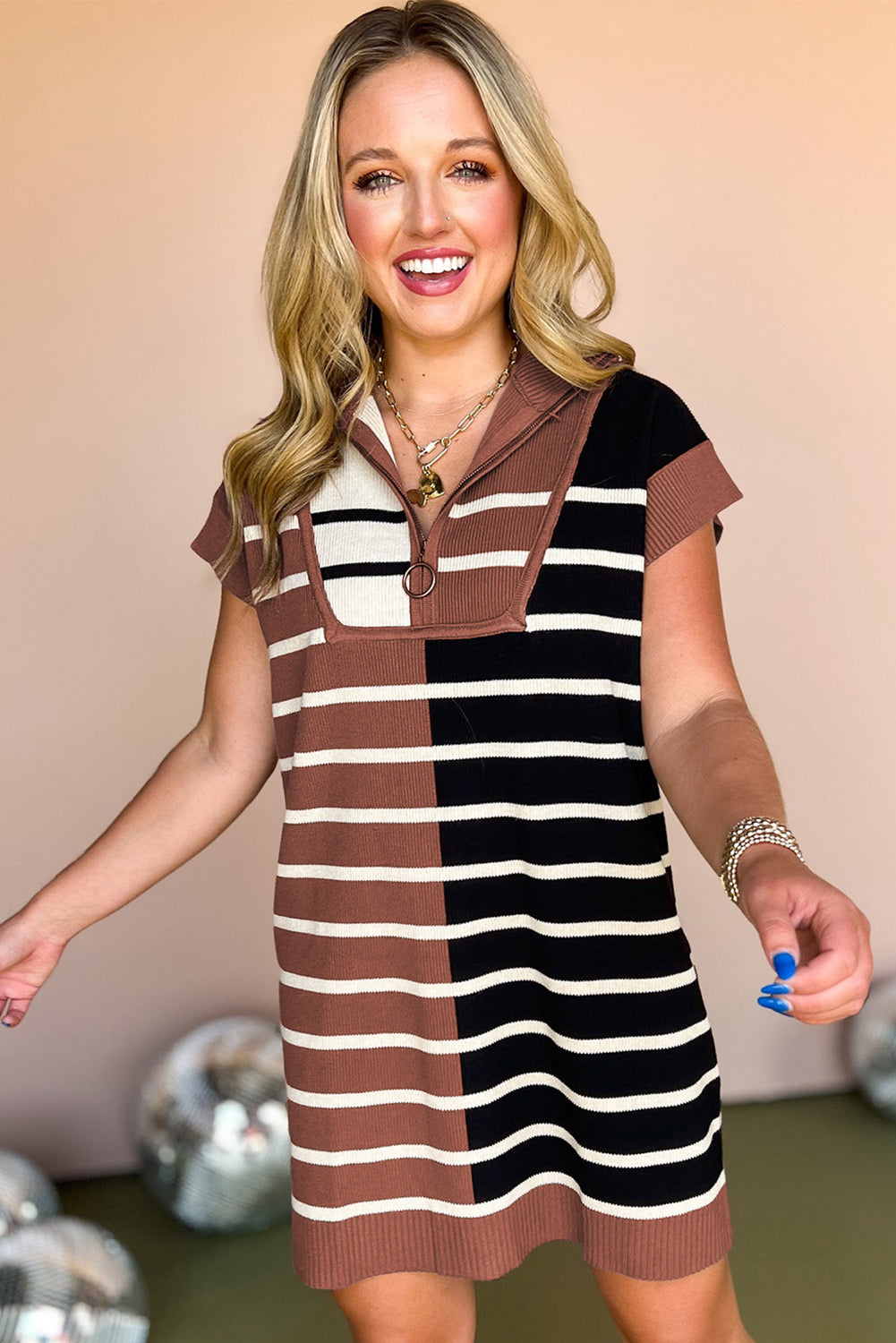 Striped Color Block Short Sleeve Quarter Zip Mini Dress