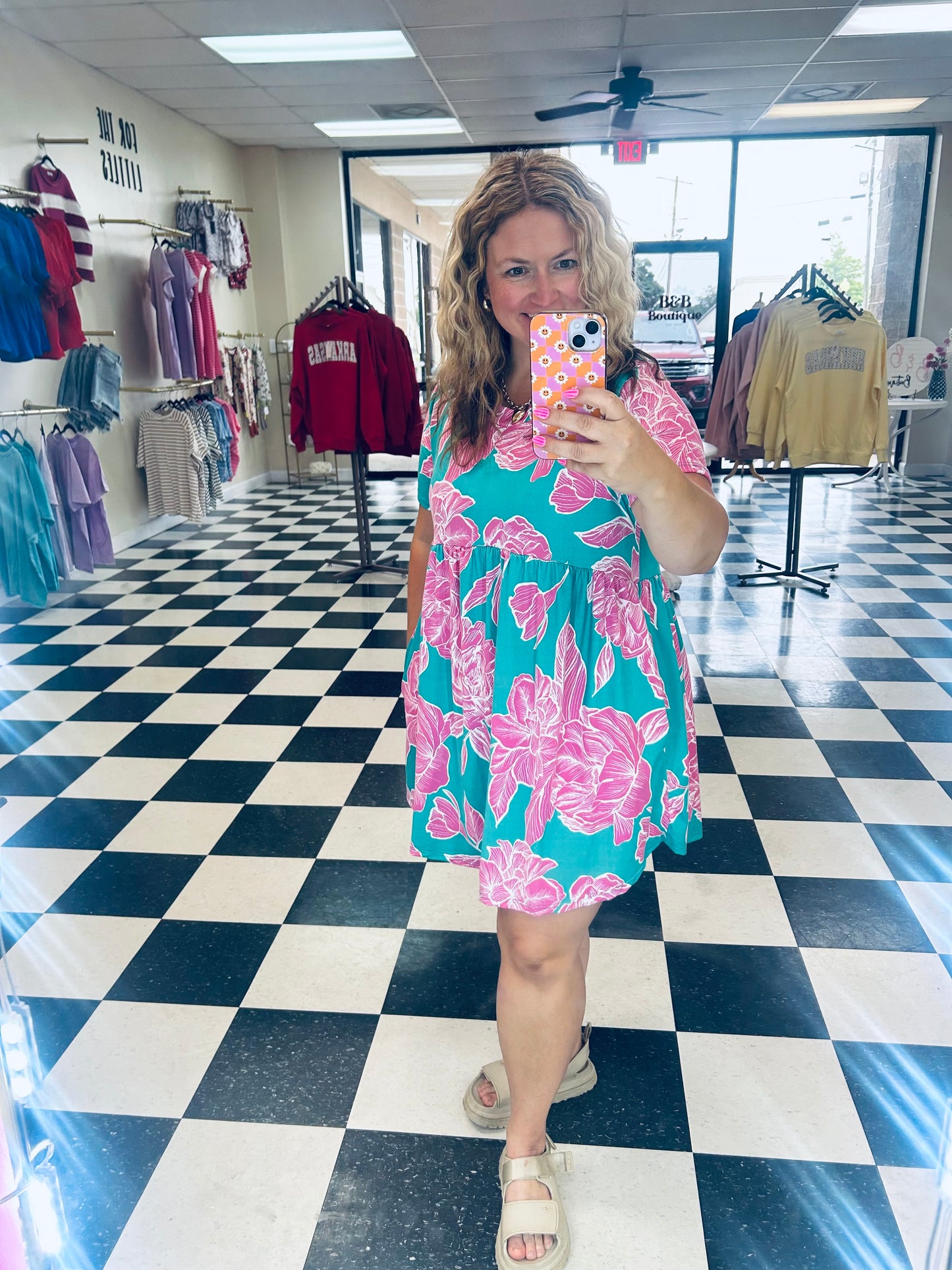 TEAL AND PINK FLORAL BABY DOLL DRESS