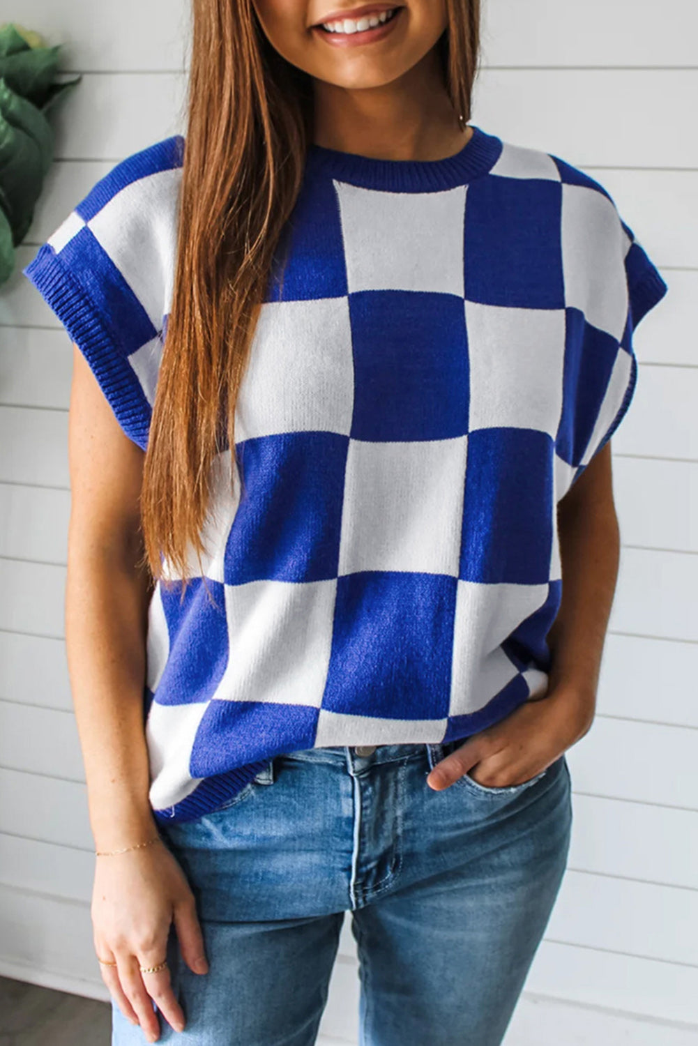 Dark Blue Checkered Knit Top