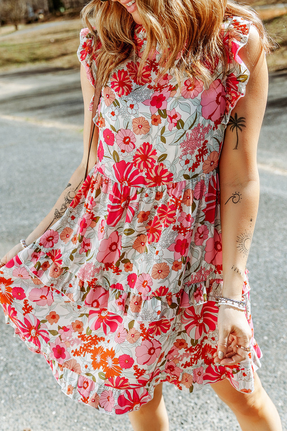 Floral Print Casual Ruffled Sleeveless Tiered Short Dress